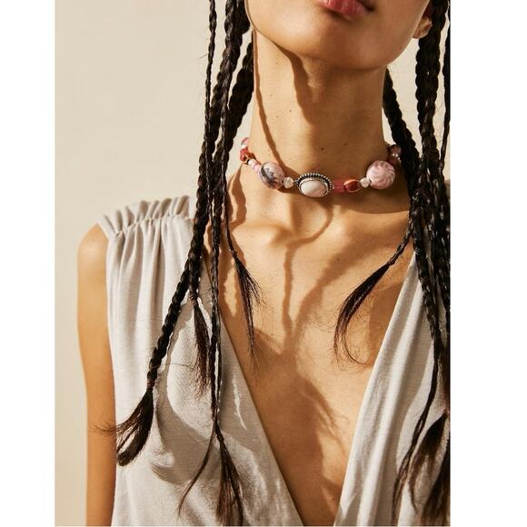 Free People Bohemian Chunky Agnes Choker Silver Pink Beach Boho NWT HTF Layering - Picture 12 of 14